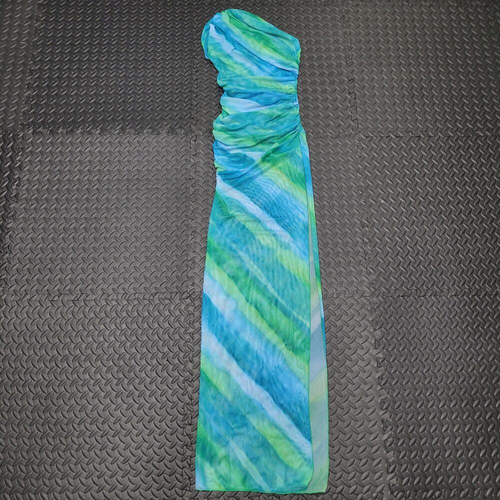 PrettyLittleThing Blue Green Mesh One Shoulder Ruched Maxi Dress US 4 Vacation - Picture 3 of 7